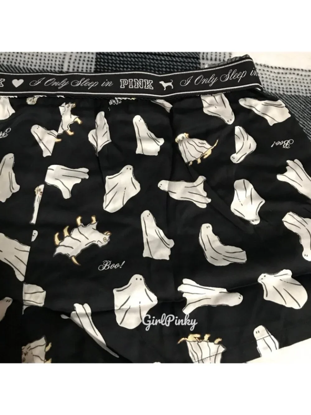 VS PINK SILKY SLEEP BOXY PAJAMA SHORTS BLACK WITH GHOST DOGS SIZE XS-XL